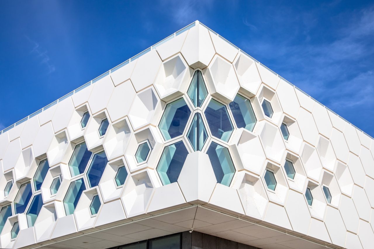 closeup of modern facade of geometric architecture
